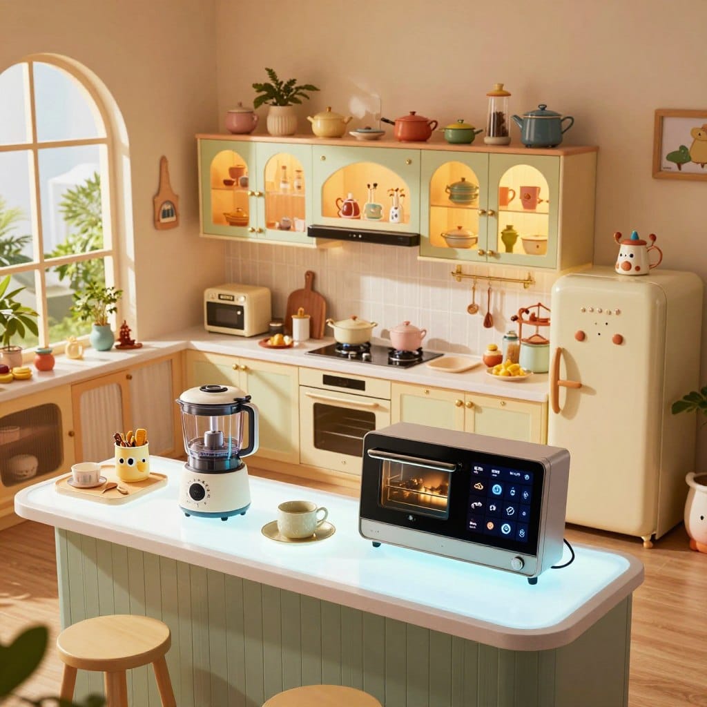 A whimsical kitchen space blending modern technology and magical elements. In the foreground, an innovative kitchen island with a luminous countertop highlighting advanced kitchen gadgets - a sleek food processor, a multi-functional smart oven, and a floating digital recipe screen. The middle section showcases cabinets with enchanting glass doors, revealing colorful cookware and whimsical, themed decor. A retro-inspired refrigerator with quirky design elements is off to the side. The background features large windows with soft, warm natural light spilling in, illuminating greenery outside. The overall mood is playful and inspiring, emphasizing a blend of functionality and magic. Capture this scene from a slightly elevated angle, giving a wide view of the delightful kitchen ambiance.