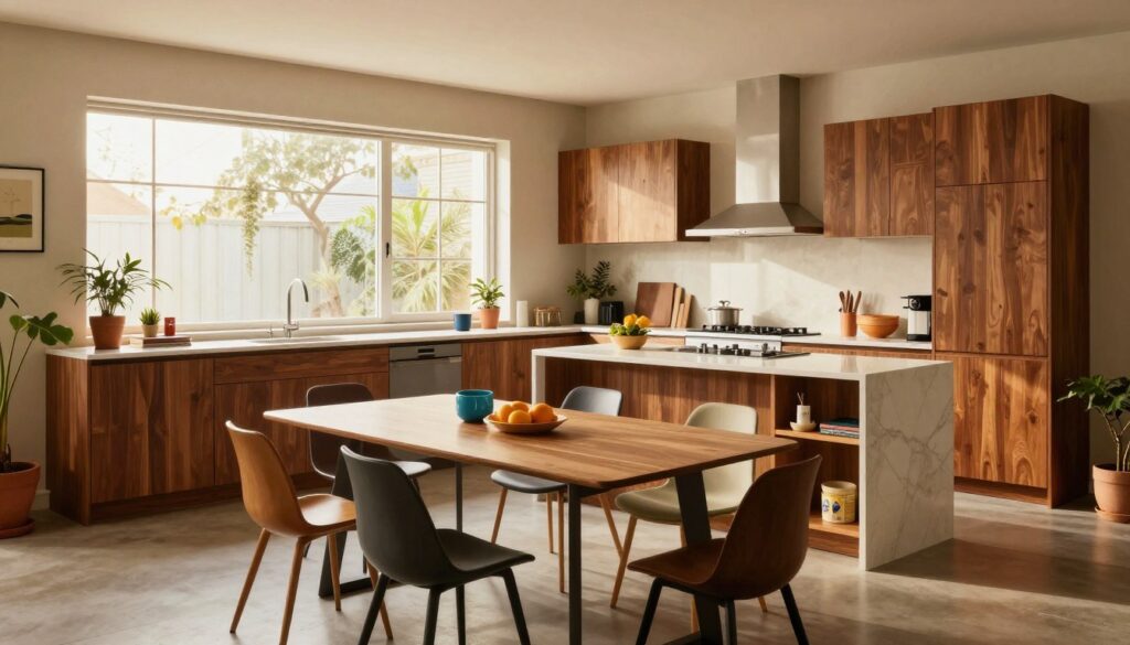 An airy and inviting unfitted kitchen design showcasing movable furniture, with an open layout. In the foreground, a sleek, modern dining table surrounded by a variety of mismatched chairs, emphasizing flexibility. The middle ground features a stylish kitchen island with a minimalist stove and open shelving, adorned with colorful plants and cookbooks. In the background, large windows let in warm, natural light, illuminating the rich wooden cabinets and textured walls. The atmosphere is cozy yet contemporary, evoking a sense of creativity and practicality. Use a wide-angle lens to capture the entire space, highlighting the harmonious balance between functionality and aesthetics, set in a warm, well-lit environment.