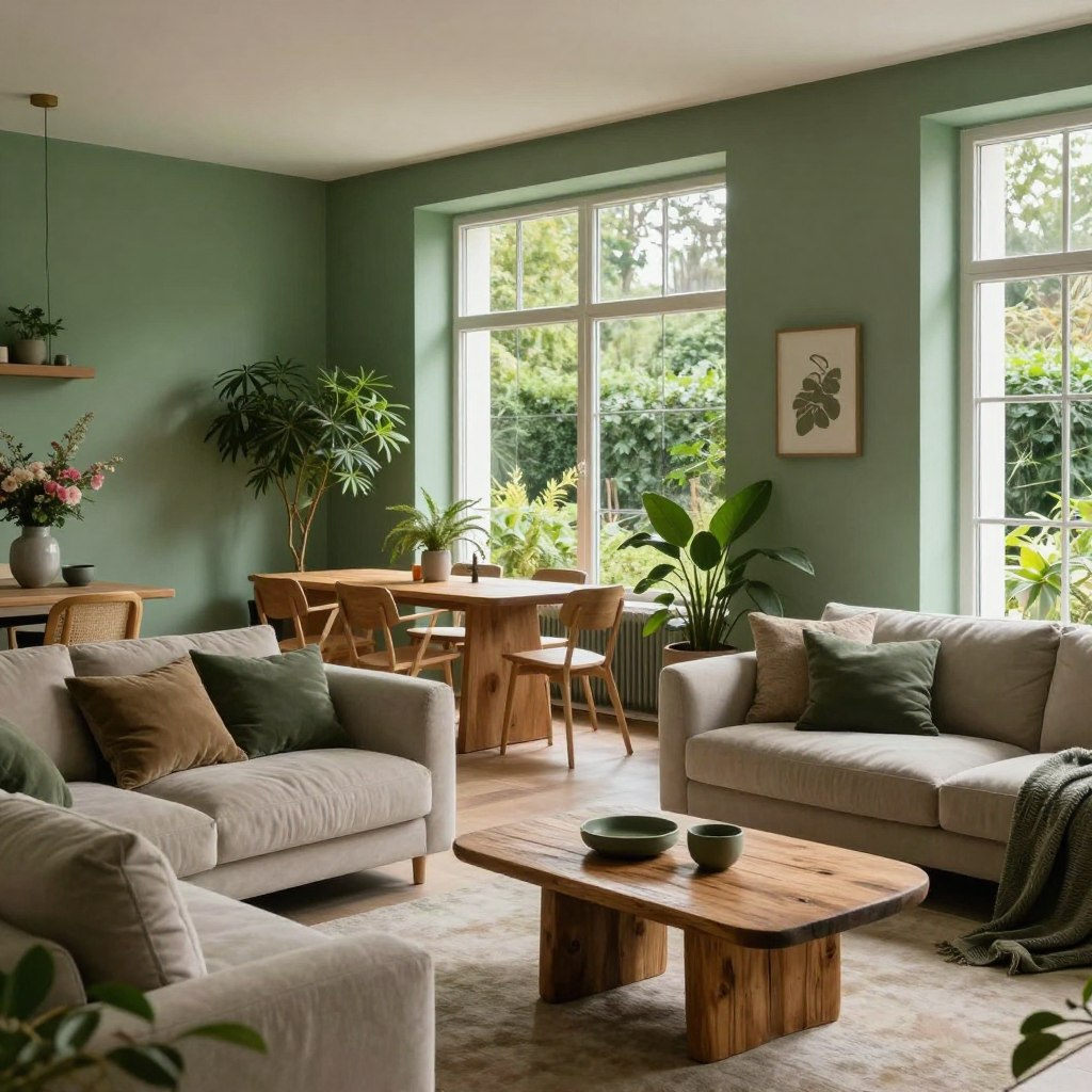 An elegantly designed open plan living area bathed in soft, natural light, showcasing nature-inspired green paint on the walls. The foreground features a modern, plush sofa with earthy-toned cushions, complementing a chic coffee table made of reclaimed wood. The middle ground includes a sleek dining area with minimalist wooden chairs and a stylish table, both reflecting a harmonious blend of indoor greenery with potted plants. In the background, large windows allow sunlight to flood in, illuminating a serene view of a garden. The atmosphere feels fresh and inviting, with a palette of muted greens and hints of floral decor, creating a tranquil retreat that embodies the essence of nature. The scene captures a bright and refreshing mood, ideal for contemporary living spaces. An elegantly designed open plan living area bathed in soft, natural light, showcasing nature-inspired green paint on the walls. The foreground features a modern, plush sofa with earthy-toned cushions, complementing a chic coffee table made of reclaimed wood. The middle ground includes a sleek dining area with minimalist wooden chairs and a stylish table, both reflecting a harmonious blend of indoor greenery with potted plants. In the background, large windows allow sunlight to flood in, illuminating a serene view of a garden. The atmosphere feels fresh and inviting, with a palette of muted greens and hints of floral decor, creating a tranquil retreat that embodies the essence of nature. The scene captures a bright and refreshing mood, ideal for contemporary living spaces.
