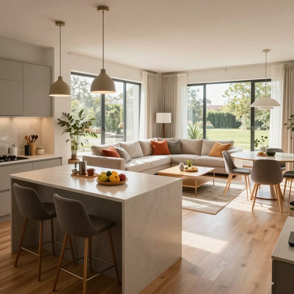An inviting open-concept kitchen and living room combo, seamlessly blending modern design with cozy aesthetics. The foreground features a sleek kitchen island with elegant bar stools, adorned with fresh fruit and stylish kitchenware. In the middle ground, a spacious living area showcases a plush sectional sofa, vibrant throw pillows, and a tasteful coffee table, all bathed in warm, natural light streaming through large, floor-to-ceiling windows. The background highlights a contemporary dining table set for four, complete with minimalist decor. The atmosphere feels bright and welcoming, enhanced by soft pendant lighting and light wooden floors. Capture the scene from a slightly elevated angle to emphasize the layout and spaciousness, creating a harmonious balance between the kitchen and living space.