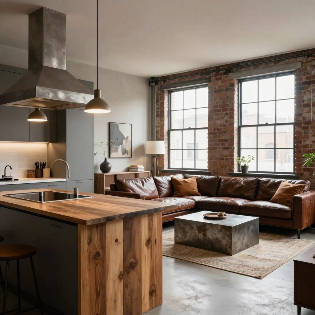 An open concept kitchen and living room designed in an industrial chic style. The foreground features a sleek kitchen island made of reclaimed wood, topped with elegant pendant lights. A large metal exhaust hood accentuates the space. In the middle, a cozy living area showcases a plush, dark leather sofa paired with warm-toned throw pillows and a stylish coffee table made of distressed metal. The background reveals exposed brick walls and large factory-style windows that flood the room with natural light, creating a warm and inviting atmosphere. Soft, diffused lighting enhances the textures of the materials. The composition captures a harmonious blend of industrial elements and warm accents, evoking a relaxed yet sophisticated mood. The scene is shot at a slightly elevated angle, providing a comprehensive view of the layout and design.