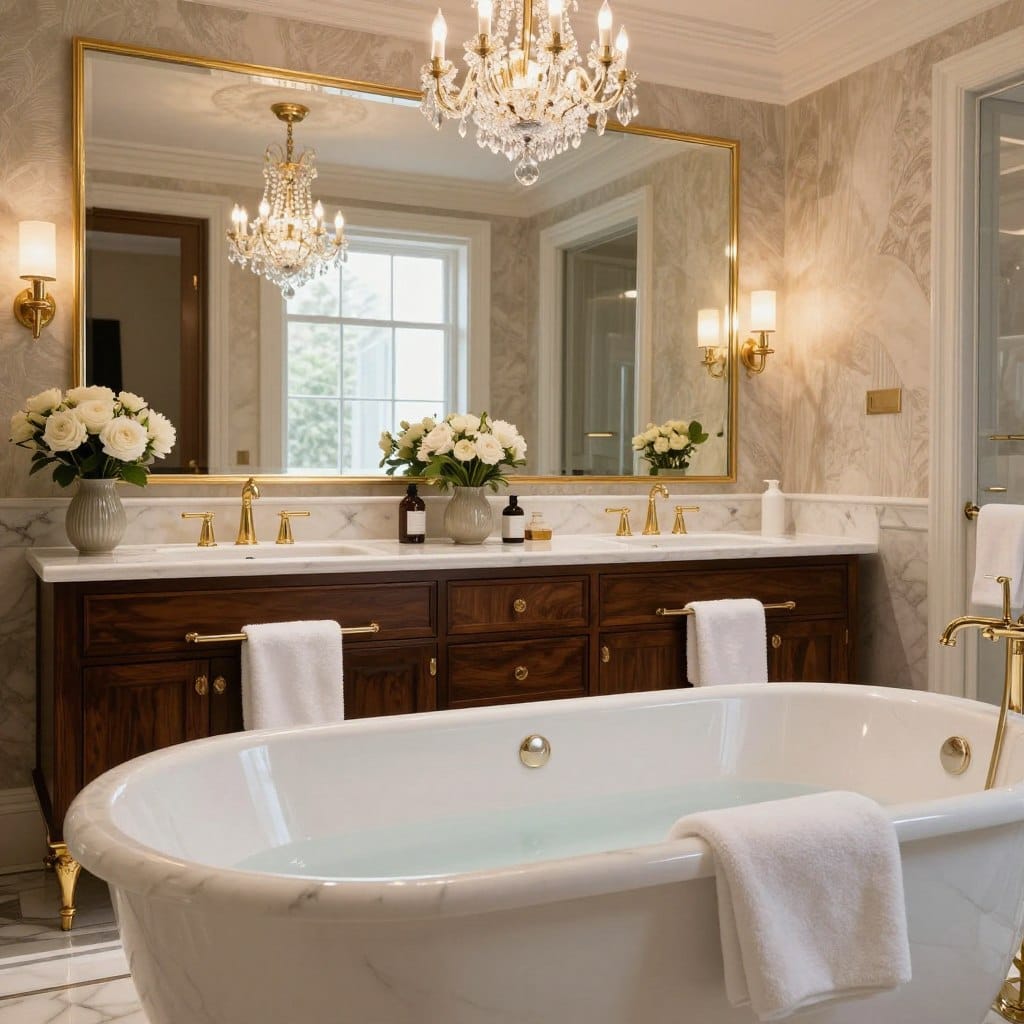 An opulent bathroom design showcasing exquisite materials. The foreground features a luxurious freestanding soaking tub made of polished marble, surrounded by plush, white towels. In the middle, a large double vanity made of dark, rich wood with gleaming gold fixtures reflects elegance, adorned with stylish ceramic sinks and fresh flowers. The background reveals a spacious window allowing natural light to flood the area, illuminating the textured wallpaper and adding warmth. Soft, ambient lighting highlights the details, creating a serene atmosphere. A stunning chandelier hangs from the ceiling, casting a gentle glow. The scene captures a sophisticated and tranquil retreat, inviting relaxation and indulgence.