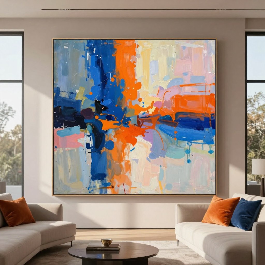 An oversized abstract wall art piece dominates a modern living room, intended to make a bold statement. In the foreground, the art features dynamic brushstrokes and vibrant splashes of color like deep blues, fiery oranges, and soft pastels, creating an engaging contrast. The middle ground includes a sleek, minimalist couch in neutral tones, adorned with colorful cushions that echo the color palette of the artwork. In the background, large windows let in warm, natural light, casting soft shadows that enhance the texture of the wall and artwork. The atmosphere is inviting and contemporary, with a clean design that emphasizes the art's dramatic impact. Shot from a slightly angled perspective to create depth and interest, this image captures the essence of modern luxury in interior design. An oversized abstract wall art piece dominates a modern living room, intended to make a bold statement. In the foreground, the art features dynamic brushstrokes and vibrant splashes of color like deep blues, fiery oranges, and soft pastels, creating an engaging contrast. The middle ground includes a sleek, minimalist couch in neutral tones, adorned with colorful cushions that echo the color palette of the artwork. In the background, large windows let in warm, natural light, casting soft shadows that enhance the texture of the wall and artwork. The atmosphere is inviting and contemporary, with a clean design that emphasizes the art's dramatic impact. Shot from a slightly angled perspective to create depth and interest, this image captures the essence of modern luxury in interior design.