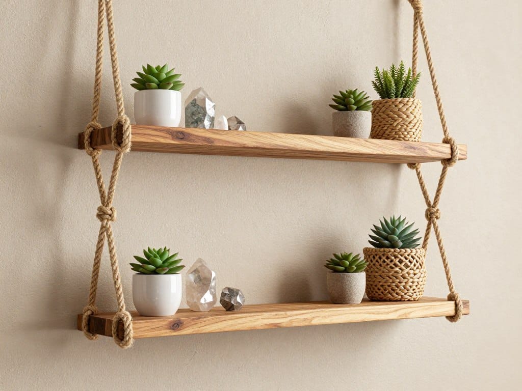 Boho rustic shelves with wood and rope design elements