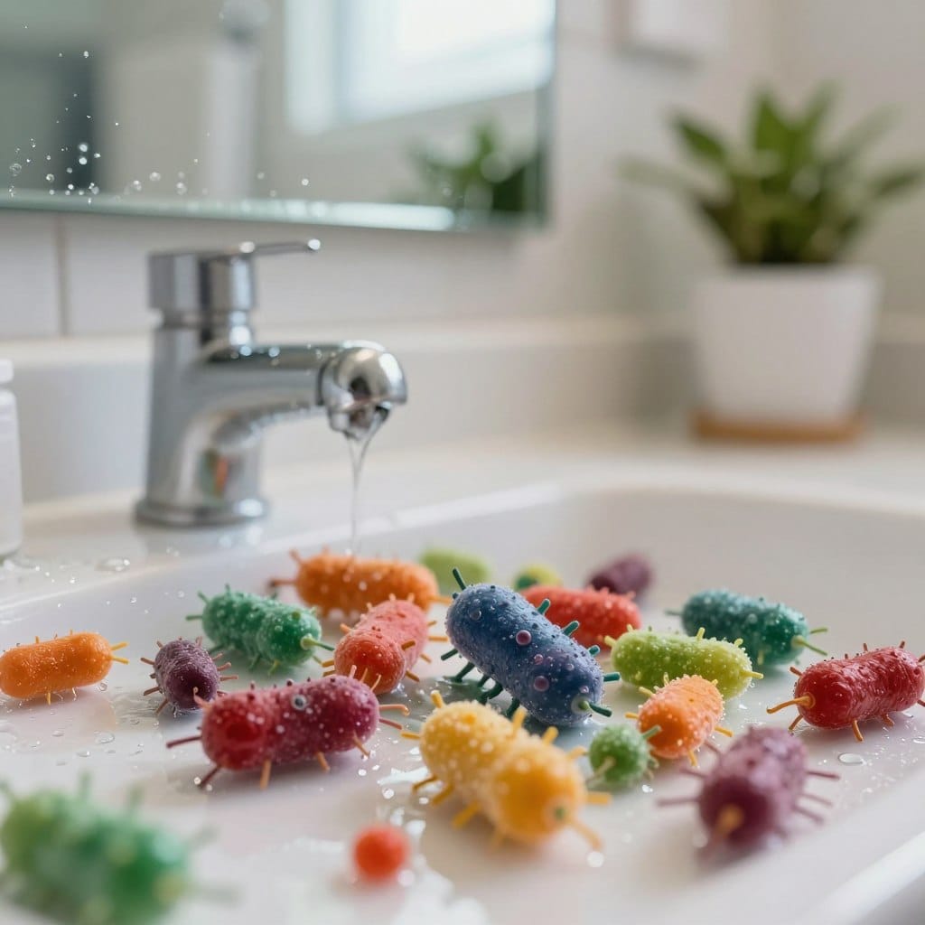 Close-up view of a bathroom scene emphasizing germs and moisture. In the foreground, depict a cluster of vibrant, colorful bacteria and germs with a glossy texture, set against a surface of a bathroom sink where droplets of water glisten. In the middle ground, include streaky soap residue and a faintly visible layer of condensation on the mirror, adding to the moist atmosphere. The background should feature soft-focus elements like a bathroom towel rack and potted plant, establishing context without distraction. Use bright, natural light to enhance the vivid colors of the germs while creating subtle shadows that convey depth. Aim for a clean, clinical imagery that evokes an awareness of hidden hygiene challenges.