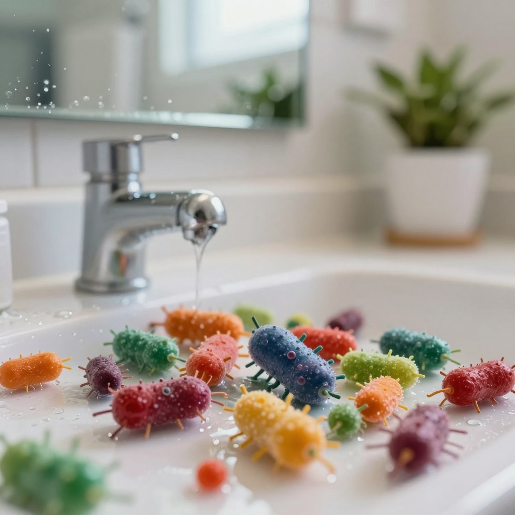 Close-up view of a bathroom scene emphasizing germs and moisture. In the foreground, depict a cluster of vibrant, colorful bacteria and germs with a glossy texture, set against a surface of a bathroom sink where droplets of water glisten. In the middle ground, include streaky soap residue and a faintly visible layer of condensation on the mirror, adding to the moist atmosphere. The background should feature soft-focus elements like a bathroom towel rack and potted plant, establishing context without distraction. Use bright, natural light to enhance the vivid colors of the germs while creating subtle shadows that convey depth. Aim for a clean, clinical imagery that evokes an awareness of hidden hygiene challenges. Close-up view of a bathroom scene emphasizing germs and moisture. In the foreground, depict a cluster of vibrant, colorful bacteria and germs with a glossy texture, set against a surface of a bathroom sink where droplets of water glisten. In the middle ground, include streaky soap residue and a faintly visible layer of condensation on the mirror, adding to the moist atmosphere. The background should feature soft-focus elements like a bathroom towel rack and potted plant, establishing context without distraction. Use bright, natural light to enhance the vivid colors of the germs while creating subtle shadows that convey depth. Aim for a clean, clinical imagery that evokes an awareness of hidden hygiene challenges.