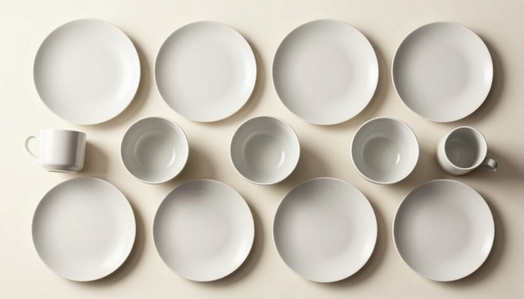 Complete dinnerware set laid out showing all components of a typical 16-piece configuration Complete dinnerware set laid out showing all components of a typical 16-piece configuration