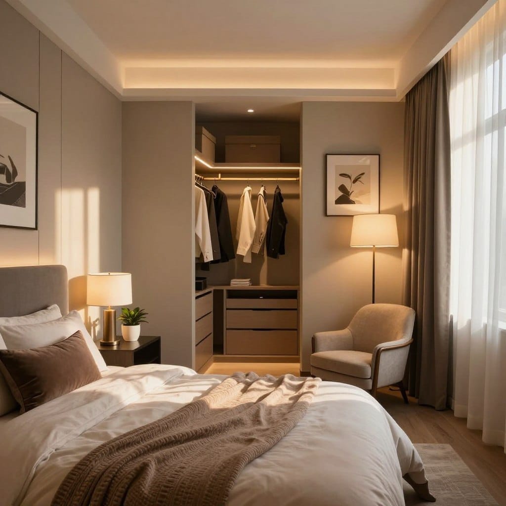 Cozy small master bedroom transformed into a luxurious retreat, beautifully designed to maximize space. In the foreground, a neatly made bed with plush, layered bedding in soft, inviting colors. A small nightstand showcases elegant decor, like a potted plant and a minimalist lamp. The middle section features a well-organized closet space with stylish storage solutions, and a corner reading nook with a chic armchair and floor lamp. In the background, warm, ambient lighting creates a soothing atmosphere, with soft, diffused sunlight filtering through sheer curtains. The room is adorned with tasteful artwork and mirrors to enhance the sense of space. The overall mood exudes tranquility and sophistication, capturing the essence of a 5-star hotel while remaining functional and intimate.