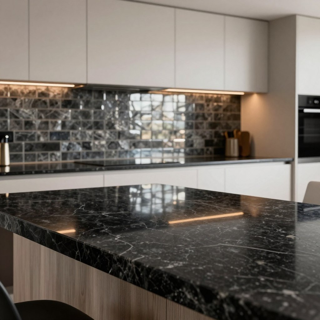 Create a stunning kitchen scene featuring a dramatic black granite countertop with intricate veining, showcasing its luxurious texture. In the background, depict an eye-catching metallic tile backsplash that reflects light with a modern design, adding a bold contrast to the dark granite. The kitchen should have sleek, contemporary cabinetry in soft white or muted wood tones, providing an elegant balance to the dramatic elements. Use warm, soft overhead lighting to enhance the rich colors and textures, creating an inviting atmosphere. Capture the scene from a slightly elevated angle, emphasizing the harmony between the black granite and metallic tiles. The overall mood should convey sophistication and modern luxury, suitable for a high-end kitchen design. Create a stunning kitchen scene featuring a dramatic black granite countertop with intricate veining, showcasing its luxurious texture. In the background, depict an eye-catching metallic tile backsplash that reflects light with a modern design, adding a bold contrast to the dark granite. The kitchen should have sleek, contemporary cabinetry in soft white or muted wood tones, providing an elegant balance to the dramatic elements. Use warm, soft overhead lighting to enhance the rich colors and textures, creating an inviting atmosphere. Capture the scene from a slightly elevated angle, emphasizing the harmony between the black granite and metallic tiles. The overall mood should convey sophistication and modern luxury, suitable for a high-end kitchen design.