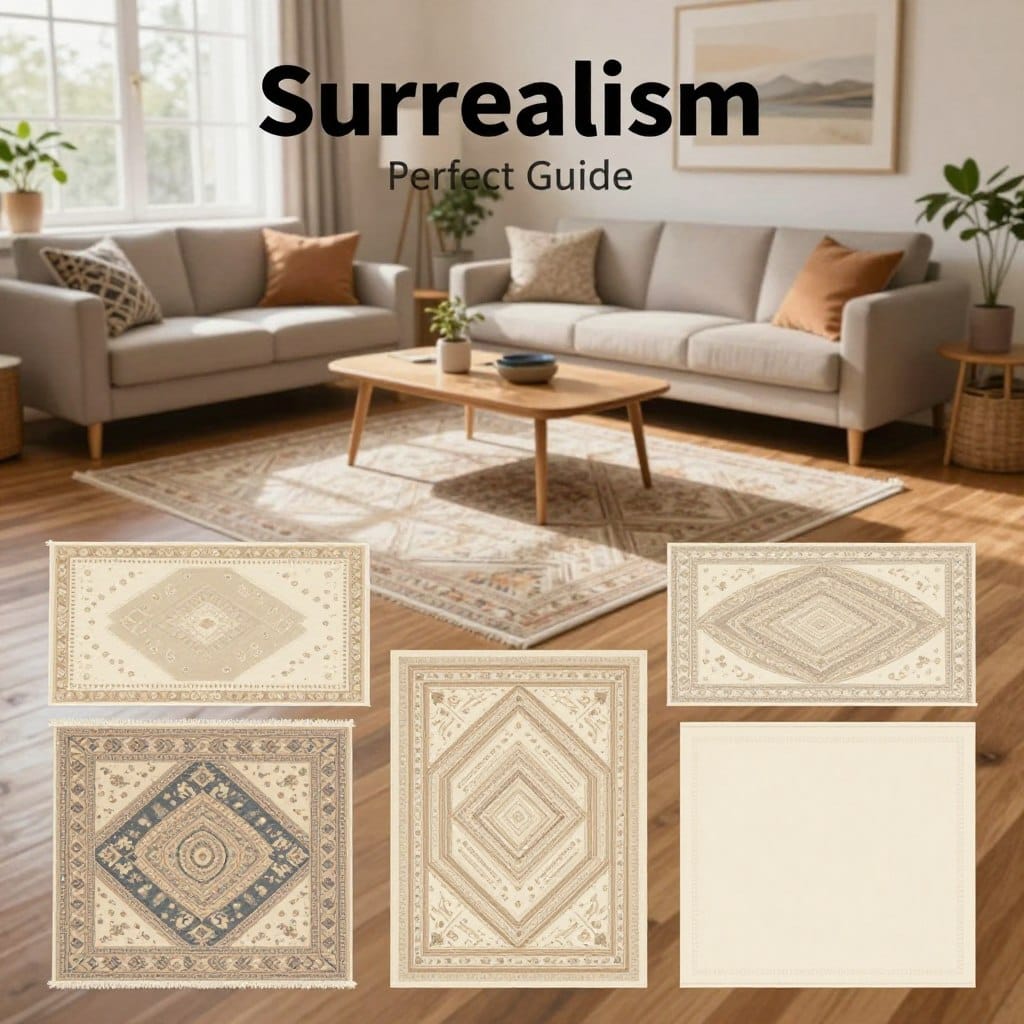 Create a visually appealing rug size guide illustration for a living room setting. In the foreground, feature a variety of rugs in different shapes and sizes, arranged on a wooden floor to demonstrate how each fits within a living room layout. In the middle ground, include a stylish sofa and a coffee table to provide context, with decorative cushions and plants to add warmth and style. The background should depict a cozy living room with soft, natural lighting filtering through large windows, casting gentle shadows. Use a wide-angle lens perspective to capture the entire scene. The atmosphere should feel inviting and informative, aimed at helping viewers understand how to select the perfect rug size for their space.