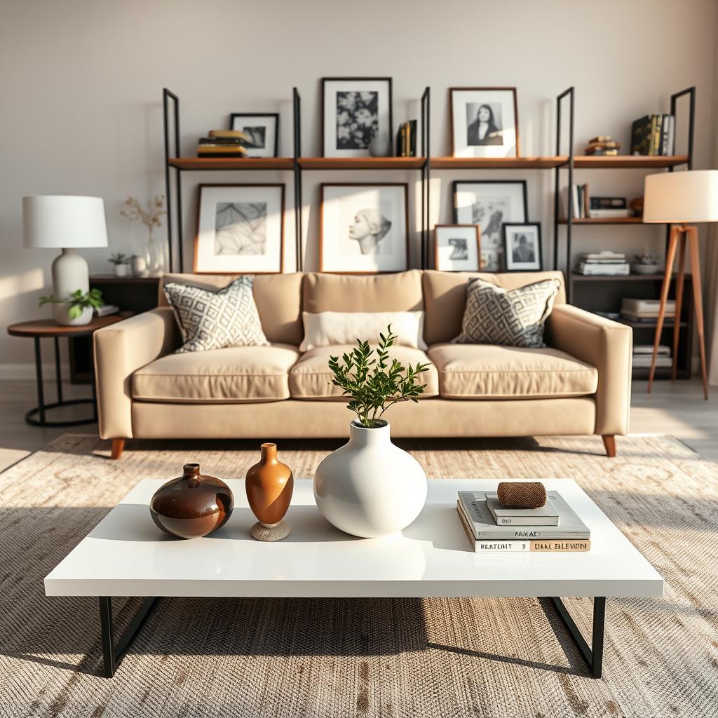 Create an image of a stylish living room featuring the "Rule of Three" in decor. In the foreground, showcase a sleek, modern coffee table set with three elegant decorative items: a small plant, a chic vase, and a sculptural piece. In the middle ground, design a cozy seating area with a plush, neutral-toned sofa adorned with three patterned throw pillows. A tasteful rug lies beneath the coffee table, adding warmth. In the background, include stylish shelving displaying three framed artworks and three books, creating visual balance. The lighting should be soft and ambient, suggesting a late afternoon glow, with the room exuding a welcoming yet sophisticated atmosphere. Use a wide-angle view to capture the entire space, highlighting the harmonious arrangement of elements.