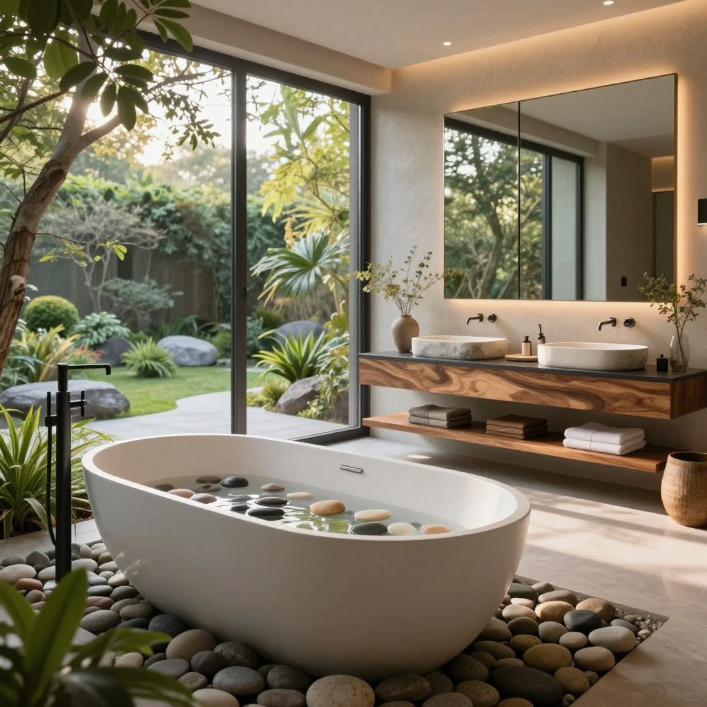 Custom luxury master bathroom featuring a serene, nature-inspired design. In the foreground, a large freestanding bathtub filled with smooth river stones and surrounded by lush greenery. The middle layer showcases a sleek vanity with organic wood finishes, adorned with elegant stone sinks and large mirrors reflecting natural light. In the background, floor-to-ceiling windows provide a breathtaking view of an outdoor zen garden, with soft sunlight filtering through the foliage, creating a tranquil atmosphere. Warm, ambient lighting enhances the calming mood, while a soft focus captures the texture of natural materials throughout the space. The overall aesthetic is clean and inviting, emphasizing a harmonious blend of indoor luxury and outdoor tranquility. Custom luxury master bathroom featuring a serene, nature-inspired design. In the foreground, a large freestanding bathtub filled with smooth river stones and surrounded by lush greenery. The middle layer showcases a sleek vanity with organic wood finishes, adorned with elegant stone sinks and large mirrors reflecting natural light. In the background, floor-to-ceiling windows provide a breathtaking view of an outdoor zen garden, with soft sunlight filtering through the foliage, creating a tranquil atmosphere. Warm, ambient lighting enhances the calming mood, while a soft focus captures the texture of natural materials throughout the space. The overall aesthetic is clean and inviting, emphasizing a harmonious blend of indoor luxury and outdoor tranquility.