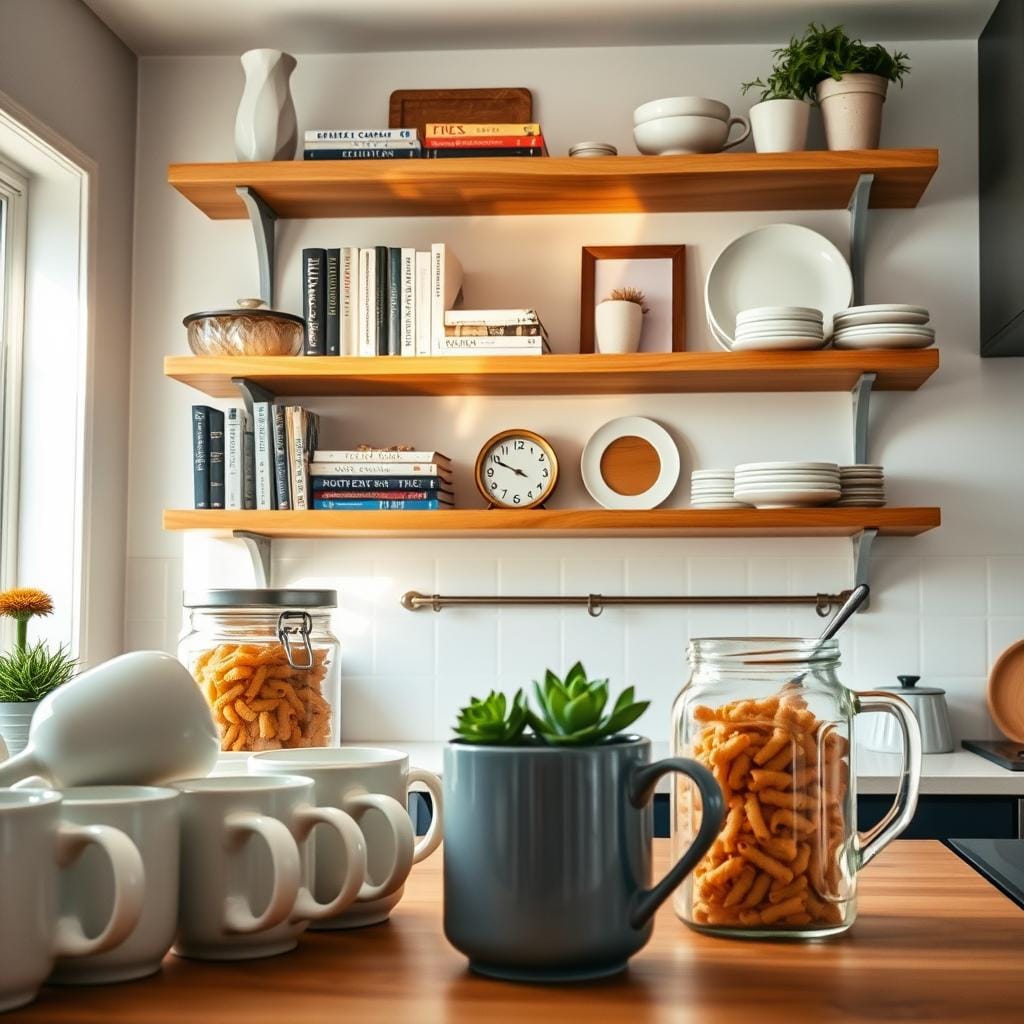 DIY kitchen shelves adorned with a harmonious blend of functional items and decorative pieces. In the foreground, an array of stylish ceramic mugs and a sleek glass jar filled with pasta, complemented by a small potted succulent. The middle layer features beautifully arranged wooden shelves with a mix of cookbooks, a vintage clock, and artisanal serving platters. In the background, light streams through a window, casting warm, inviting rays that highlight the natural wood grain of the shelves. The scene captures a cozy, modern kitchen atmosphere with a clean, uncluttered aesthetic, evoking a sense of creativity and charm. Use soft, diffused lighting to enhance the inviting mood, and shoot from a slightly elevated angle to showcase the entire arrangement.