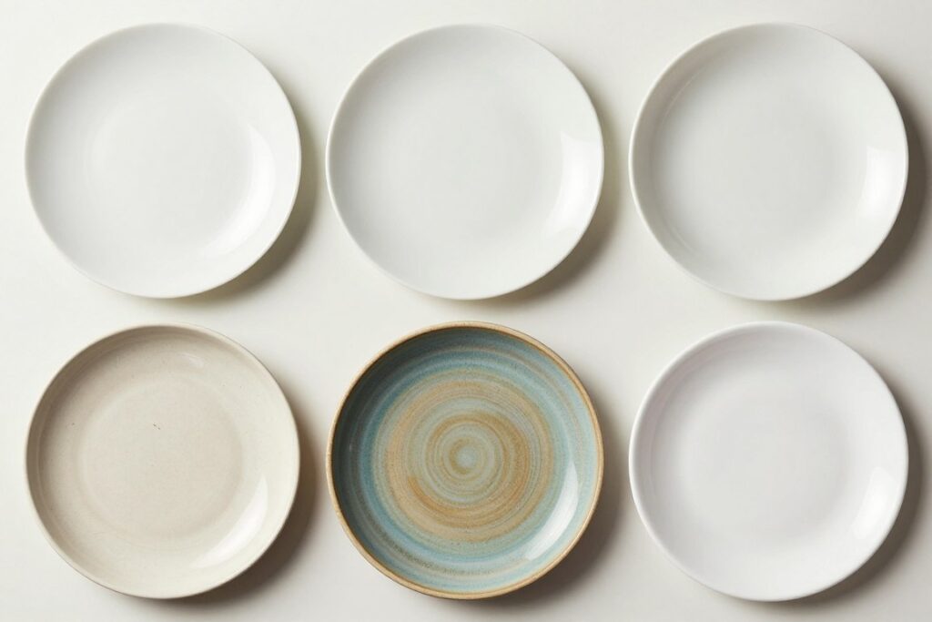 Different dinnerware materials displayed side by side showing texture and finish differences Different dinnerware materials displayed side by side showing texture and finish differences