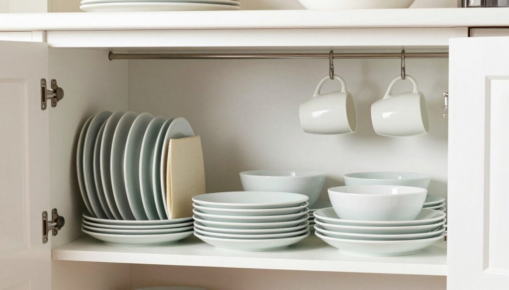 Dinnerware storage solution showing efficient stacking and organization in kitchen cabinets Dinnerware storage solution showing efficient stacking and organization in kitchen cabinets