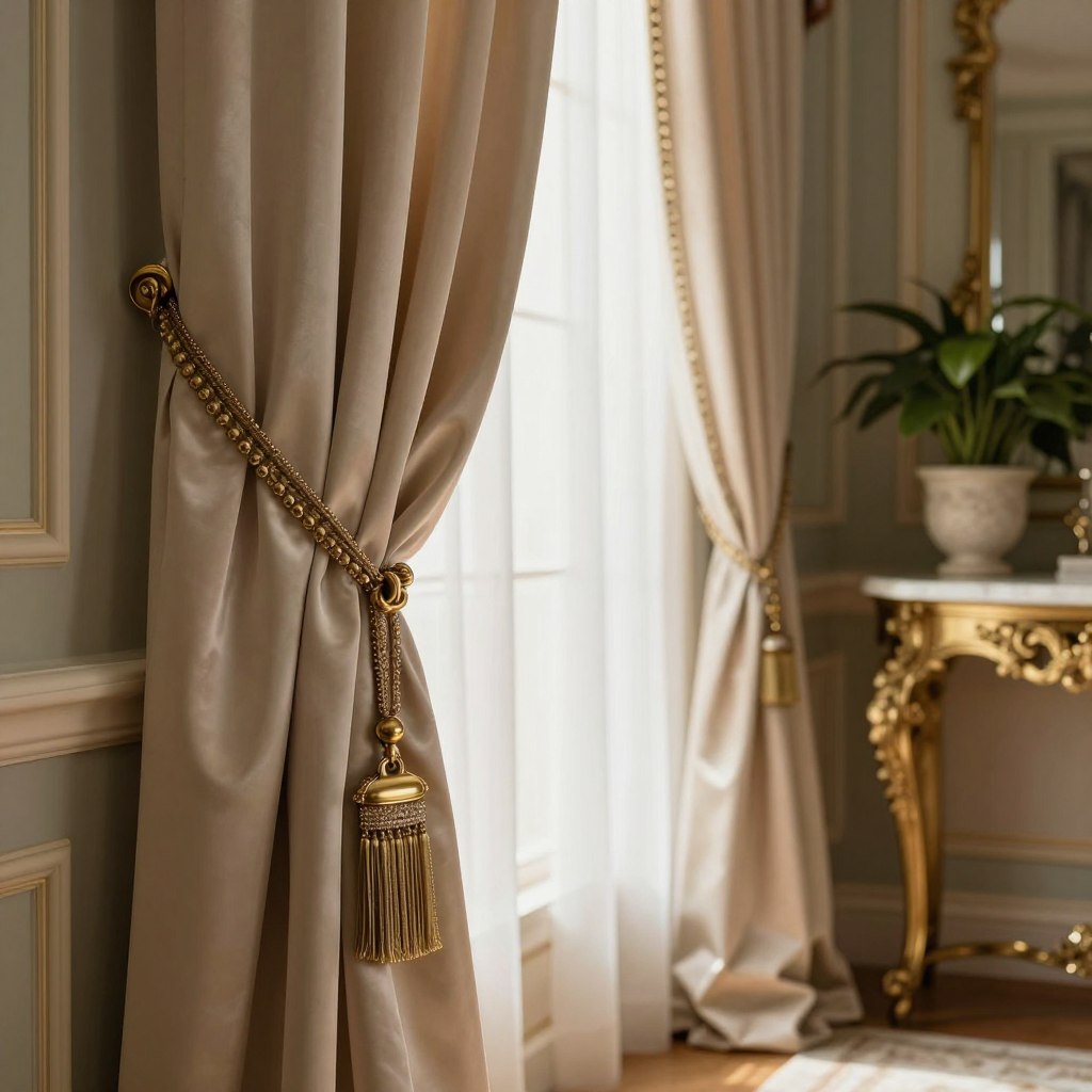 Elegant drapery tiebacks and holdbacks gracefully adorn a luxurious window, featuring intricate designs in polished brass and soft satin fabrics. In the foreground, a close-up captures the delicate stitching and beading on the tiebacks, showcasing their opulence. The middle ground presents the flowing drapery, which cascades down in rich, warm tones, allowing soft, filtered sunlight to illuminate the fabric. In the background, a tastefully decorated room adds an air of sophistication, with subtle decorative elements like a marble console table and lush potted plants. The atmosphere is inviting and serene, evoking a sense of timeless elegance. Utilize soft, diffused lighting to enhance the textures, with a slight focus on the tiebacks to create an intimate, luxurious feel. Elegant drapery tiebacks and holdbacks gracefully adorn a luxurious window, featuring intricate designs in polished brass and soft satin fabrics. In the foreground, a close-up captures the delicate stitching and beading on the tiebacks, showcasing their opulence. The middle ground presents the flowing drapery, which cascades down in rich, warm tones, allowing soft, filtered sunlight to illuminate the fabric. In the background, a tastefully decorated room adds an air of sophistication, with subtle decorative elements like a marble console table and lush potted plants. The atmosphere is inviting and serene, evoking a sense of timeless elegance. Utilize soft, diffused lighting to enhance the textures, with a slight focus on the tiebacks to create an intimate, luxurious feel.