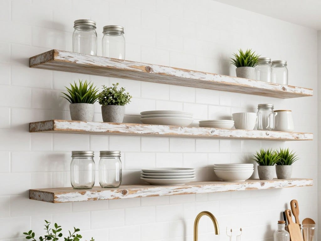Farmhouse floating shelves set arranged on kitchen wall