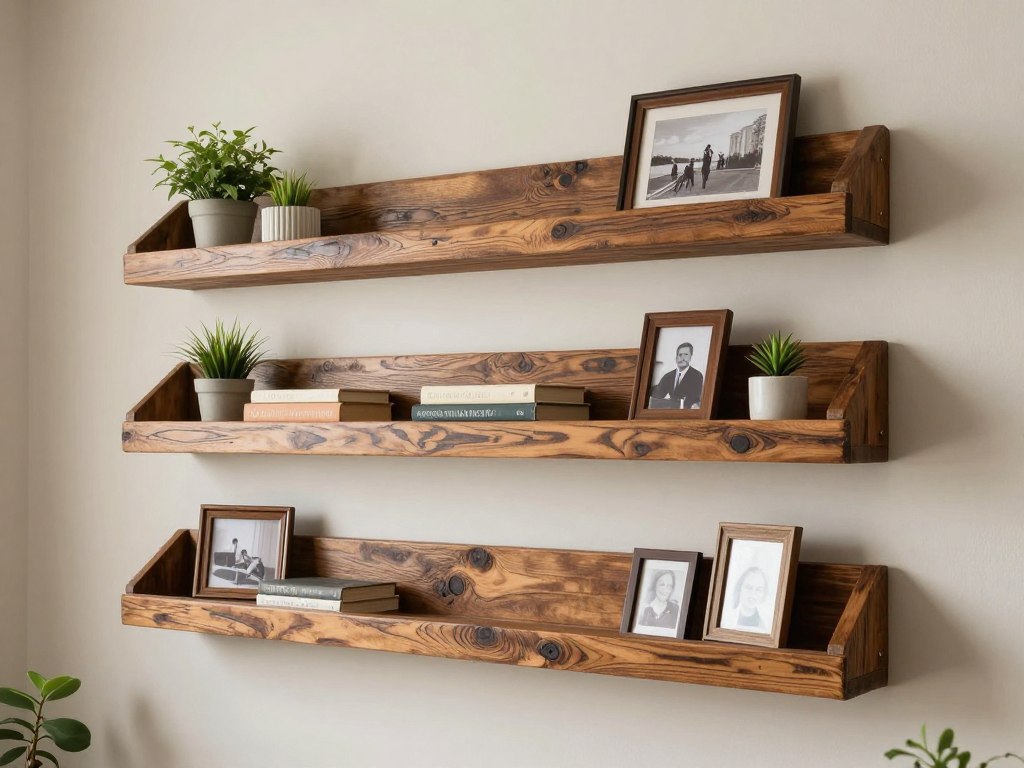 Floating Shelves Rustic Wood diverse set mounted on living room wall