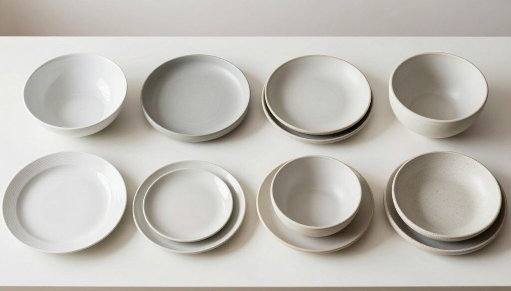 Four different dinnerware style options displayed on a dining table showing classic white, neutral tones, minimalist modern, and artisanal character styles Four different dinnerware style options displayed on a dining table showing classic white, neutral tones, minimalist modern, and artisanal character styles