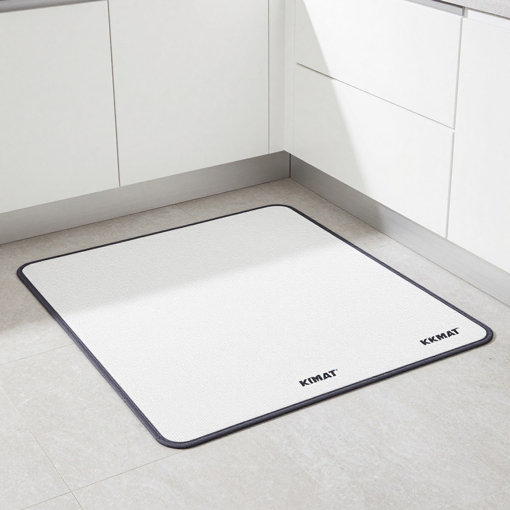 Generate an image of the KMAT Kitchen Mat 2-Piece Set on a kitchen floor. Generate an image of the KMAT Kitchen Mat 2-Piece Set on a kitchen floor.