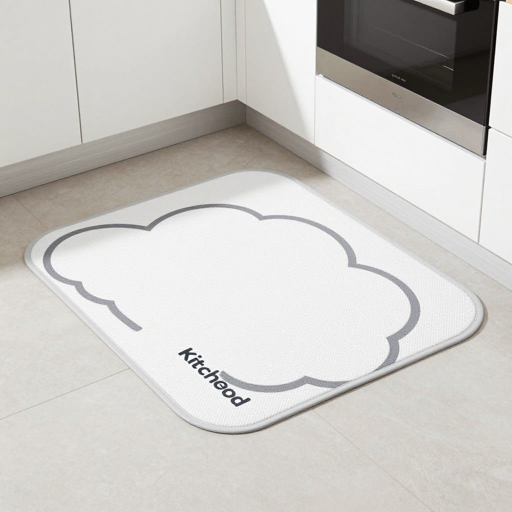 Generate an image of the KitchenClouds Cushioned Anti-Fatigue Kitchen Mat on a kitchen floor.