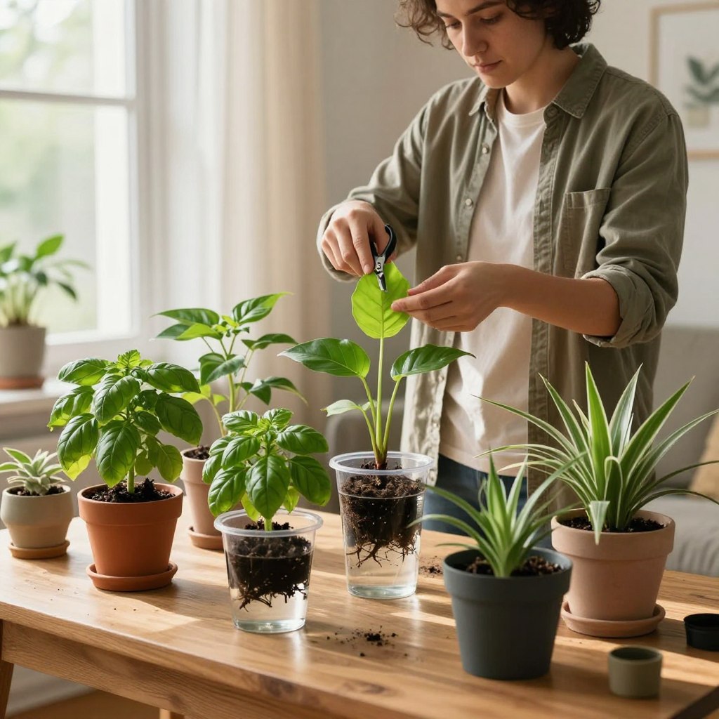 Indoor plant propagation techniques displayed on a wooden table in a well-lit living room. In the foreground, a variety of healthy indoor plants are shown, including pothos, basil, and spider plants, with clear containers filled with water for rooting cuttings. In the middle ground, a skilled gardener, dressed in modest casual clothing, carefully monitors the plants, using a pair of scissors to take a cutting from a vibrant green leaf. The background features a sunny window with sheer curtains that allow natural light to filter in, illuminating the scene with a warm, inviting glow. The atmosphere is calm and nurturing, capturing the essence of indoor plant care and propagation. Indoor plant propagation techniques displayed on a wooden table in a well-lit living room. In the foreground, a variety of healthy indoor plants are shown, including pothos, basil, and spider plants, with clear containers filled with water for rooting cuttings. In the middle ground, a skilled gardener, dressed in modest casual clothing, carefully monitors the plants, using a pair of scissors to take a cutting from a vibrant green leaf. The background features a sunny window with sheer curtains that allow natural light to filter in, illuminating the scene with a warm, inviting glow. The atmosphere is calm and nurturing, capturing the essence of indoor plant care and propagation.