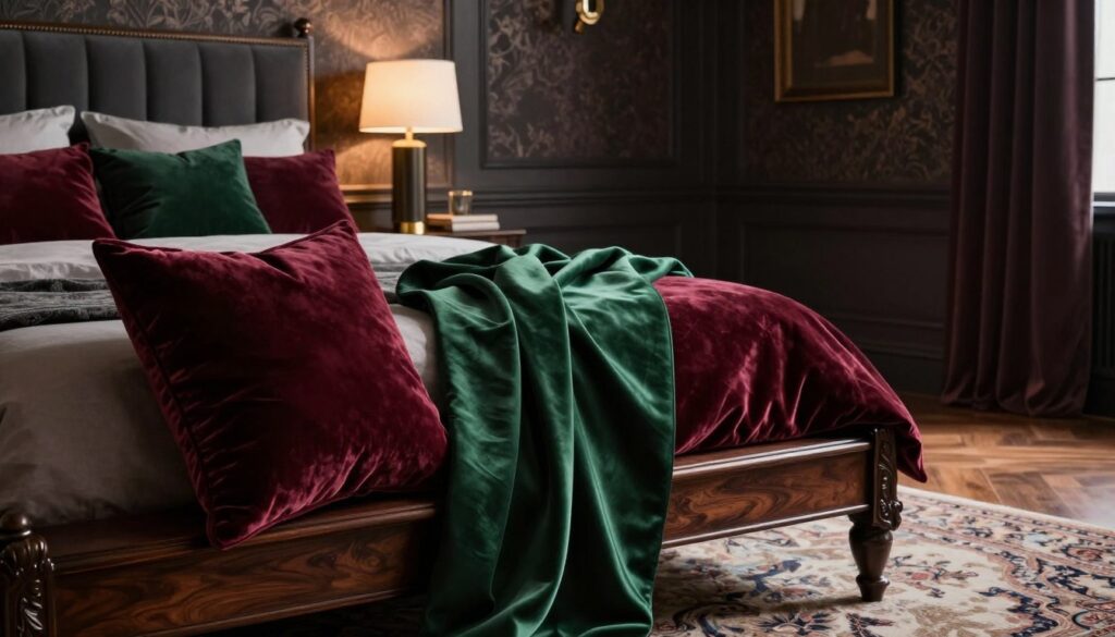 Luxurious bedroom materials featuring an elegant fusion of rich textures and deep colors. In the foreground, plush velvet pillows in shades of deep burgundy and emerald green are accented by a sumptuous silk throw, draped gracefully across a dark wood bed frame with intricate carvings. The middle layer showcases a sleek, upholstered headboard in charcoal grey, paired with soft, ambient lighting from stylish bedside lamps with gold accents. In the background, a textured wallpaper in a deep matte finish adds depth, while a plush area rug with an ornate pattern softly contrasts the polished hardwood floor. The atmosphere should feel inviting yet refined, with warm, diffused lighting creating a moody ambiance ideal for relaxation. Capture the scene from a slight angle to emphasize the layering of textures and finishes. Luxurious bedroom materials featuring an elegant fusion of rich textures and deep colors. In the foreground, plush velvet pillows in shades of deep burgundy and emerald green are accented by a sumptuous silk throw, draped gracefully across a dark wood bed frame with intricate carvings. The middle layer showcases a sleek, upholstered headboard in charcoal grey, paired with soft, ambient lighting from stylish bedside lamps with gold accents. In the background, a textured wallpaper in a deep matte finish adds depth, while a plush area rug with an ornate pattern softly contrasts the polished hardwood floor. The atmosphere should feel inviting yet refined, with warm, diffused lighting creating a moody ambiance ideal for relaxation. Capture the scene from a slight angle to emphasize the layering of textures and finishes.