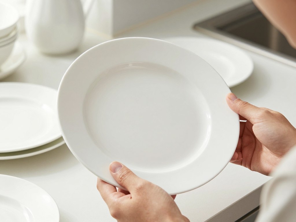Person examining dinnerware quality in a home setting, checking for durability features Person examining dinnerware quality in a home setting, checking for durability features
