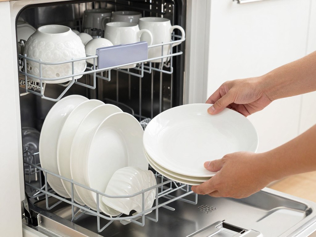 Person loading dinnerware into a dishwasher demonstrating proper care techniques Person loading dinnerware into a dishwasher demonstrating proper care techniques