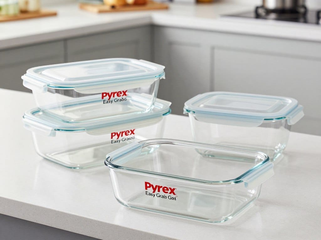 Pyrex Easy Grab Glass Bakeware and Food Storage Set showing baking dishes with handles