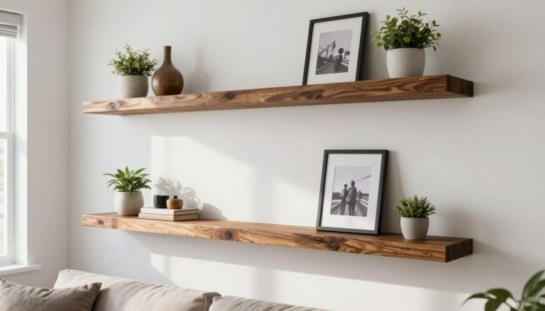 Rustic floating shelves displayed in a modern farmhouse living room with decorative items