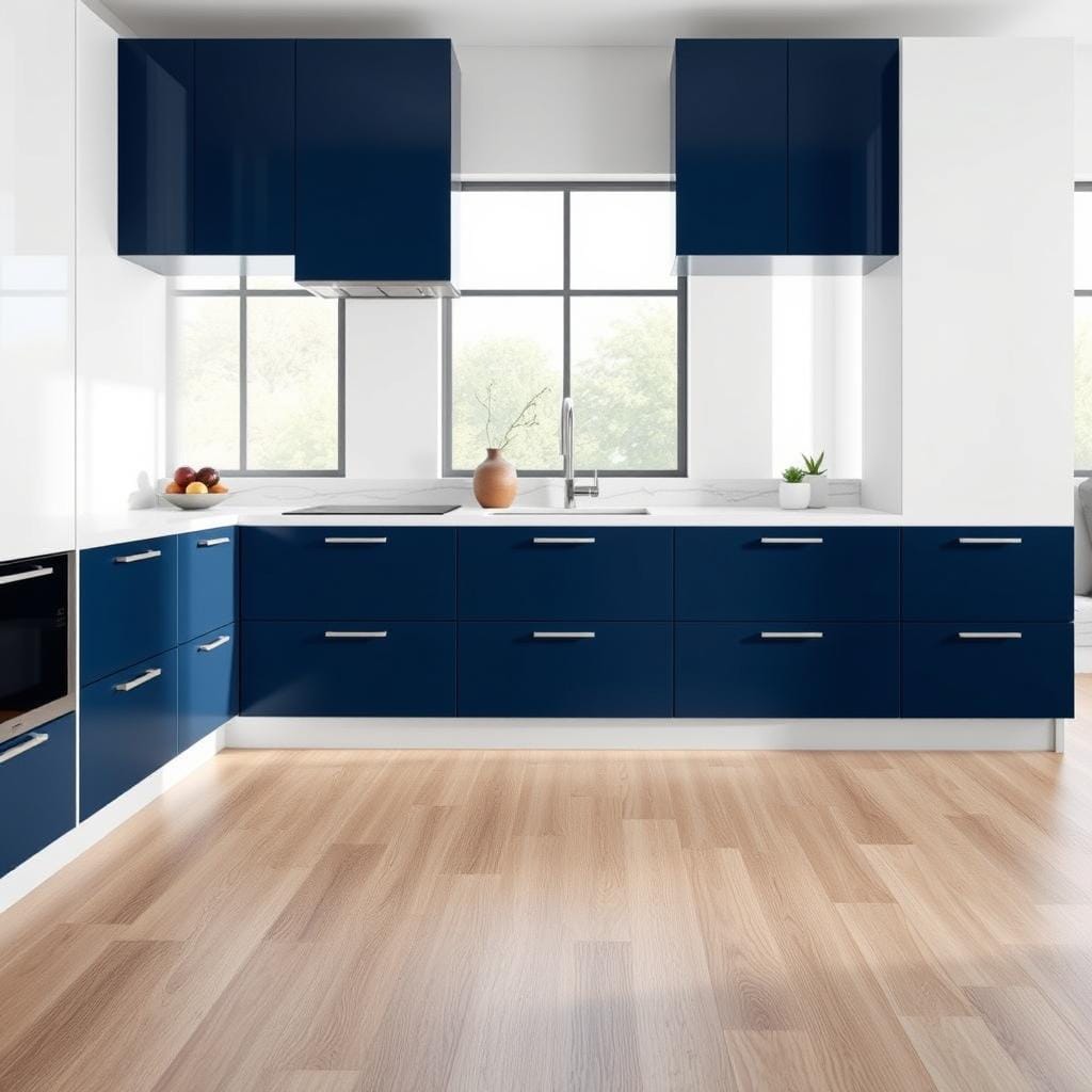 Two-tone kitchen cabinet design showcasing a modern aesthetic. The foreground features sleek, minimalist cabinets with a vibrant navy blue paired with crisp white. The middle section displays an elegant countertop, perhaps made of white marble with subtle gray veining, enhancing the contrast. Include decorative elements like a stylish vase or modern kitchen utensils to add warmth. The background reveals a well-lit kitchen space with soft, natural light streaming in from large windows, creating an inviting atmosphere. The image should be composed from a slightly elevated angle, emphasizing the cabinet layout while maintaining balance and harmony. Capture a calm and sophisticated mood, perfect for contemporary kitchen inspiration.