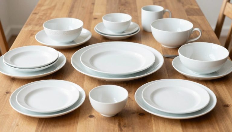 Various dinnerware sets arranged on a dining table showing different materials and styles for everyday use