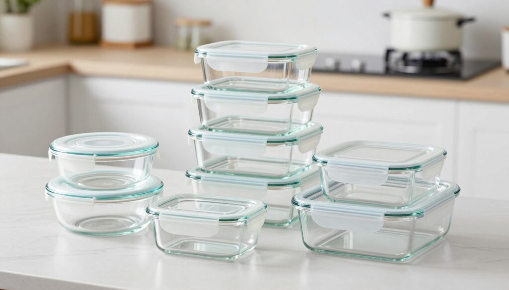 Various shapes and sizes of glass food storage containers stacked efficiently