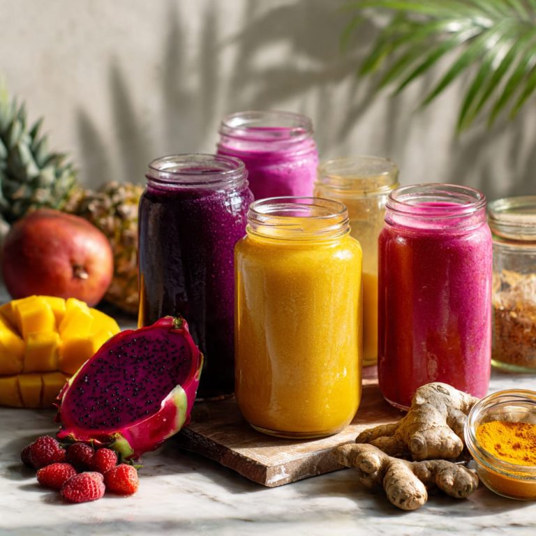Colorful beauty smoothies made with berries, dragon fruit, mango, turmeric, and avocado, designed to boost skin glow, immunity, and summer energy