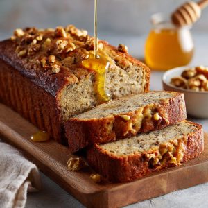 Greek yogurt banana bread sliced on a wooden board, moist and fluffy texture with walnuts and honey, healthy homemade banana bread
