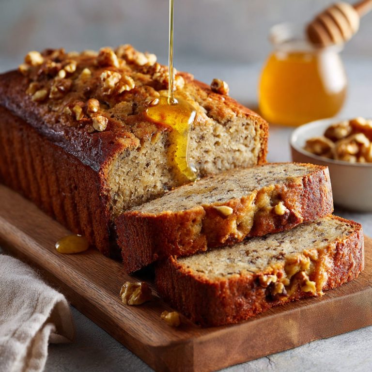 Greek yogurt banana bread sliced on a wooden board, moist and fluffy texture with walnuts and honey, healthy homemade banana bread