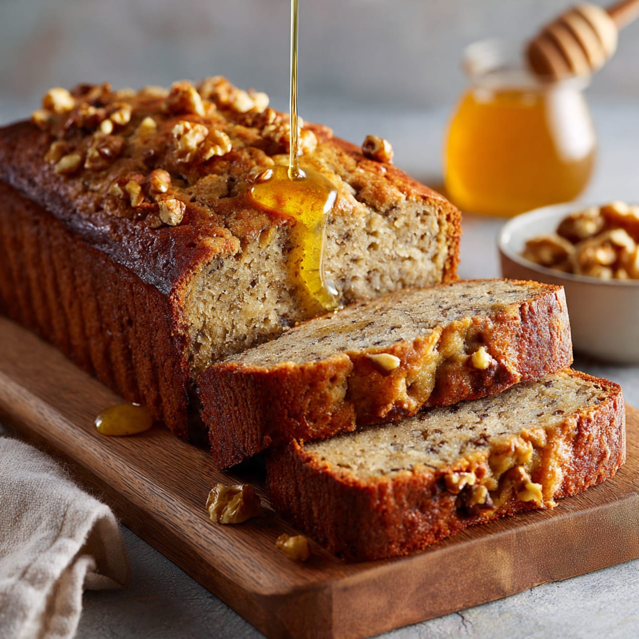 Greek yogurt banana bread sliced on a wooden board, moist and fluffy texture with walnuts and honey, healthy homemade banana bread