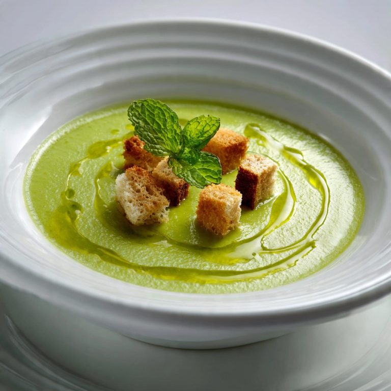 Elegant British-style pea and mint soup with mint garnish