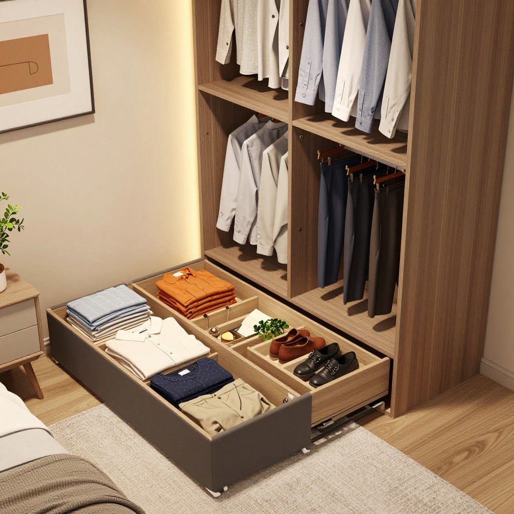 under-bed storage coordination with wardrobe