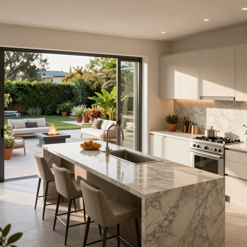 A beautiful modern indoor-outdoor kitchen island that seamlessly blends with a spacious patio. In the foreground, a sleek island with a gleaming marble countertop, surrounded by elegant bar stools. The kitchen is equipped with stainless steel appliances and has a contemporary design featuring light-colored cabinetry. In the middle ground, large glass sliding doors open to reveal a lush patio area adorned with comfortable outdoor furniture, vibrant potted plants, and a stylish fire pit. The outdoor space is bathed in warm sunlight, creating a welcoming atmosphere. The shot is taken from a slightly elevated angle, showcasing the open layout and the harmonious flow between the indoor kitchen and the outdoor living space. The scene embodies a relaxed, inviting mood perfect for entertaining or casual gatherings.