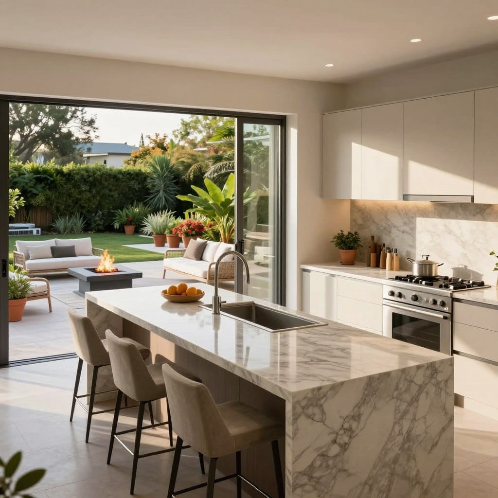 A beautiful modern indoor-outdoor kitchen island that seamlessly blends with a spacious patio. In the foreground, a sleek island with a gleaming marble countertop, surrounded by elegant bar stools. The kitchen is equipped with stainless steel appliances and has a contemporary design featuring light-colored cabinetry. In the middle ground, large glass sliding doors open to reveal a lush patio area adorned with comfortable outdoor furniture, vibrant potted plants, and a stylish fire pit. The outdoor space is bathed in warm sunlight, creating a welcoming atmosphere. The shot is taken from a slightly elevated angle, showcasing the open layout and the harmonious flow between the indoor kitchen and the outdoor living space. The scene embodies a relaxed, inviting mood perfect for entertaining or casual gatherings.