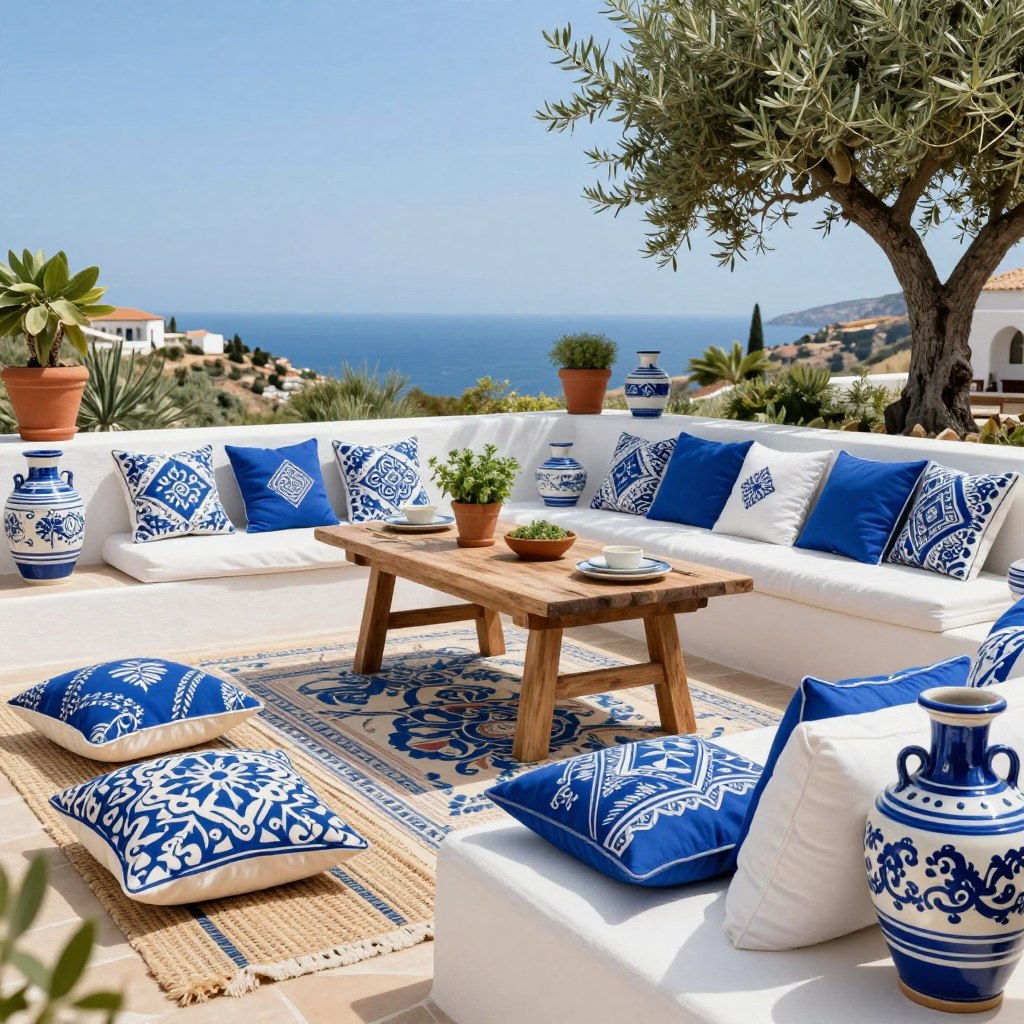 A beautifully arranged Mediterranean terrace featuring blue and white decor accessories, including intricately patterned cushions, woven rugs, and elegant ceramic vases. In the foreground, display a comfortable lounge area with plush seating, adorned with a rich tapestry of fabrics in deep blues and crisp whites. In the middle, showcase a rustic wooden table set with stylish dinnerware and potted herbs. The background reveals a sun-drenched view of the coastal landscape, with olive trees and terracotta pots under a clear blue sky. Soft, diffused lighting enhances the warm atmosphere, evoking a sense of serene relaxation, while a wide-angle lens captures the vibrancy of the scene, bringing the Mediterranean aesthetic to life.