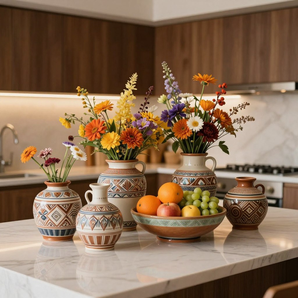 A beautifully arranged artisanal ceramic collection centerpiece on a luxurious kitchen island. In the foreground, showcase an array of hand-crafted ceramic vases with intricate patterns and earthy tones, filled with vibrant seasonal flowers. In the middle, include a large, decorative ceramic bowl filled with fresh fruits like oranges, apples, and grapes, all artfully placed. The background features a softly blurred modern kitchen with warm lighting, highlighting the elegant countertop and wooden cabinetry. The scene should be captured from a slightly elevated angle, using soft natural lighting to create an inviting atmosphere, evoking warmth and sophistication for a stylish kitchen hub. The overall mood is serene and artistic, celebrating the beauty of handcrafted ceramics. A beautifully arranged artisanal ceramic collection centerpiece on a luxurious kitchen island. In the foreground, showcase an array of hand-crafted ceramic vases with intricate patterns and earthy tones, filled with vibrant seasonal flowers. In the middle, include a large, decorative ceramic bowl filled with fresh fruits like oranges, apples, and grapes, all artfully placed. The background features a softly blurred modern kitchen with warm lighting, highlighting the elegant countertop and wooden cabinetry. The scene should be captured from a slightly elevated angle, using soft natural lighting to create an inviting atmosphere, evoking warmth and sophistication for a stylish kitchen hub. The overall mood is serene and artistic, celebrating the beauty of handcrafted ceramics.