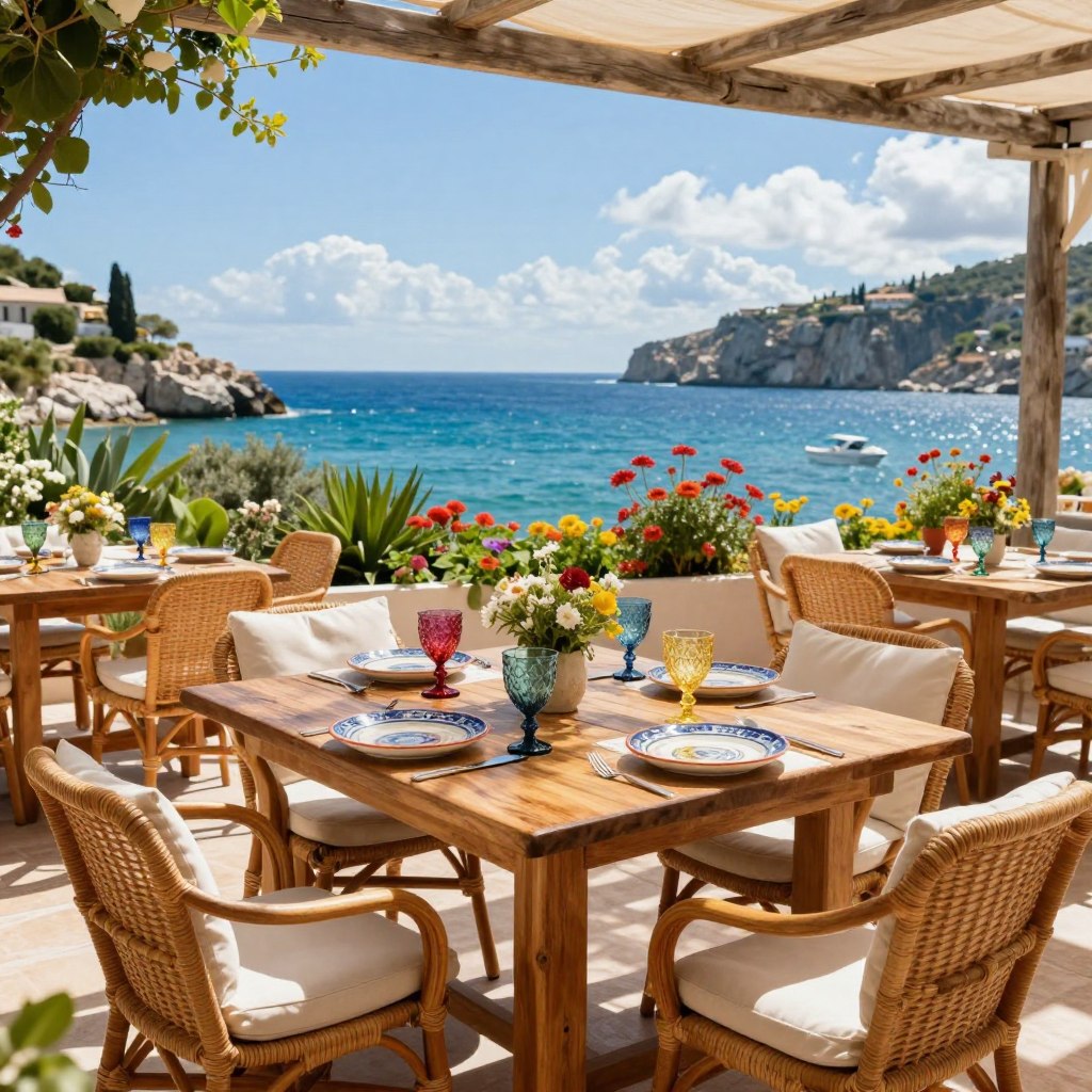 A beautifully arranged coastal patio layout for outdoor dining, inspired by the charm of Mediterranean terraces. In the foreground, a rustic wooden dining table set elegantly with ceramic plates and colorful glassware, surrounded by comfortable rattan chairs with soft cushions. The middle ground features lush greenery with colorful flowers, creating a vibrant yet soothing atmosphere. In the background, a stunning view of the turquoise sea and rocky cliffs under a bright blue sky with fluffy white clouds. Soft sunlight filters through, casting gentle shadows and emphasizing the inviting ambiance. The scene captures a relaxed, cheerful mood perfect for leisurely meals, with a sense of tranquility and connection to nature, designed to evoke the essence of European coastal living.