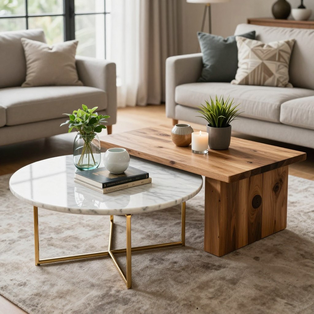 A beautifully arranged coffee table design showcase featuring both round and square coffee tables. In the foreground, a round coffee table with a sleek marble top and polished gold legs, beside a square coffee table made of reclaimed wood with a matte finish. The tables display various materials, such as glass, ceramic, and wood, with elegant decorative objects like coffee books, plants, and candles. The middle ground includes a cozy living room setting, with soft natural light filtering through large windows. The background reveals a stylish sofa and artfully placed cushions, creating an inviting atmosphere. Use a high-quality lens for clarity, and aim for a warm, harmonious mood that emphasizes the beauty of each coffee table shape and its material pairing. A beautifully arranged coffee table design showcase featuring both round and square coffee tables. In the foreground, a round coffee table with a sleek marble top and polished gold legs, beside a square coffee table made of reclaimed wood with a matte finish. The tables display various materials, such as glass, ceramic, and wood, with elegant decorative objects like coffee books, plants, and candles. The middle ground includes a cozy living room setting, with soft natural light filtering through large windows. The background reveals a stylish sofa and artfully placed cushions, creating an inviting atmosphere. Use a high-quality lens for clarity, and aim for a warm, harmonious mood that emphasizes the beauty of each coffee table shape and its material pairing.