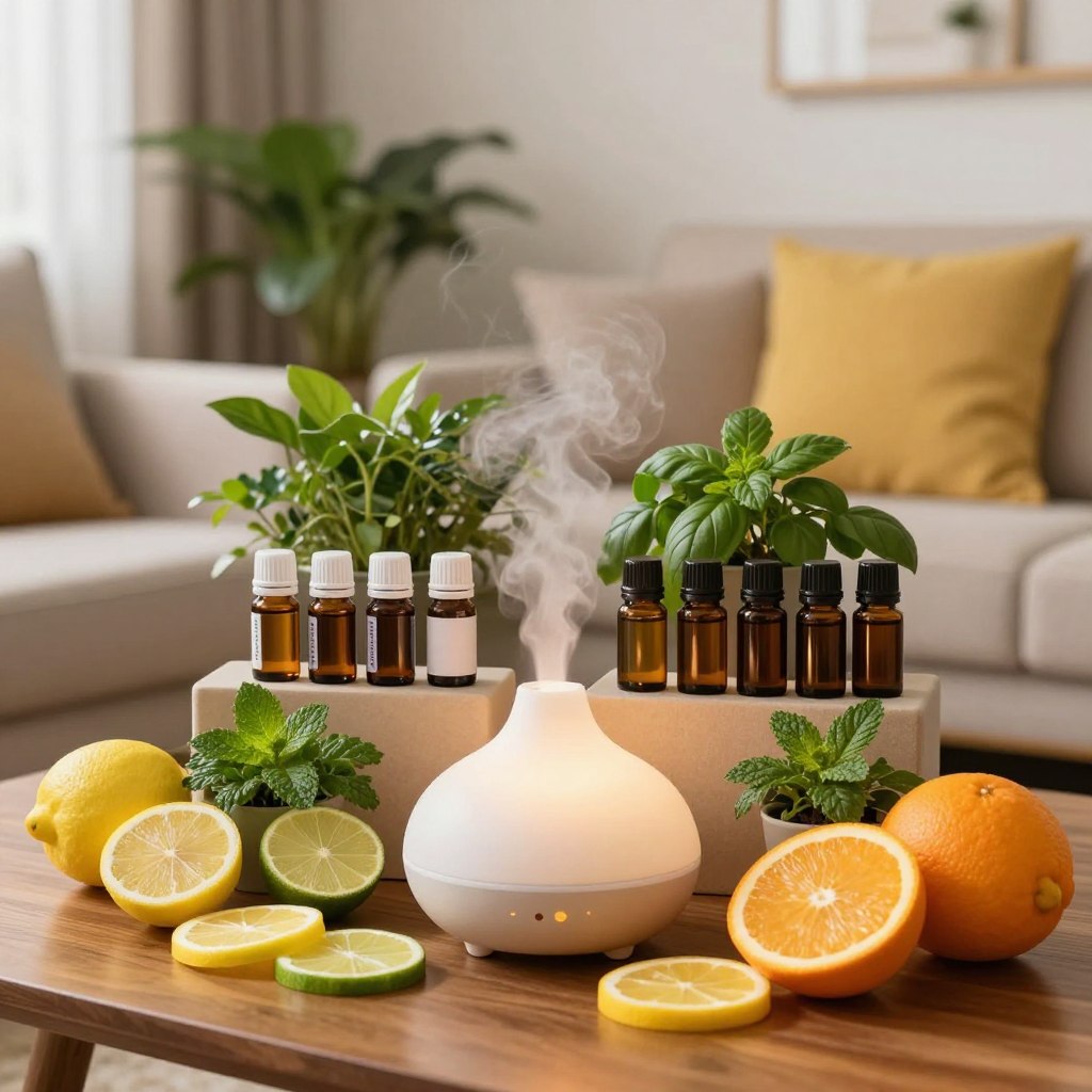 A beautifully arranged display of energizing citrus essential oil combinations designed for a cozy living room setting. In the foreground, an elegant ceramic diffuser emits a soft, radiant mist, surrounded by vibrant slices of lemon, lime, and orange on a polished wooden table. The middle layer features a backdrop of lush green plants and subtle hints of fresh herbs like mint and basil, adding a touch of nature. The background includes a cozy living room vibe with soft, warm lighting illuminating plush, inviting sofa cushions in pastel colors. Capture the inviting atmosphere and freshness that citrus oils bring, using a soft-focus lens to enhance the warmth and tranquility of the scene, creating an atmosphere perfect for welcoming guests.