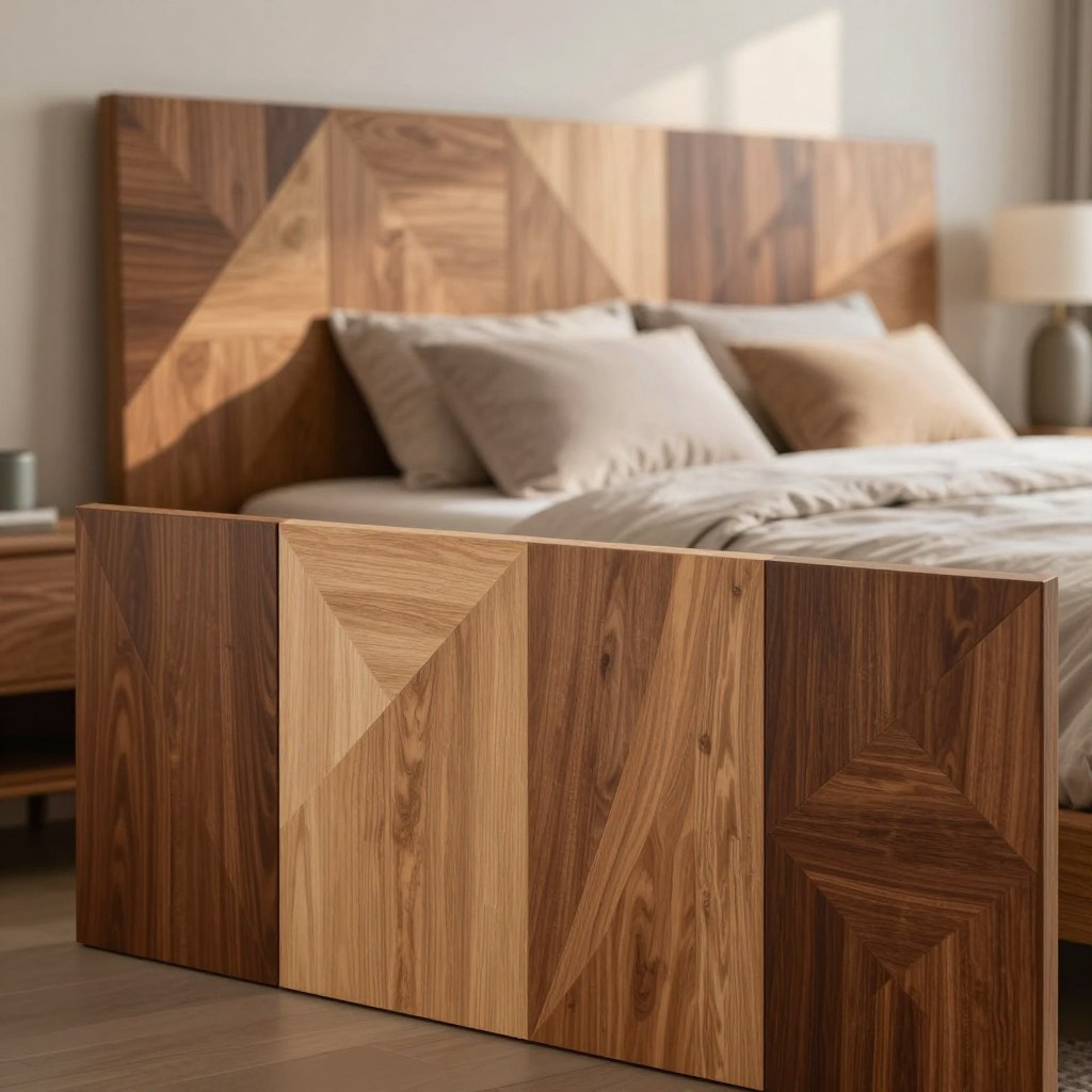 A beautifully arranged display of geometric wood panel designs, showcasing a modern headboard idea for a contemporary bedroom. The foreground features various angular wood panels in different shades of oak, walnut, and cherry, expertly arranged in a visually striking pattern. In the middle ground, a soft focus of the room’s stylish decor—an elegant bed adorned with neutral linens and minimalist pillows—complements the wooden design. In the background, a blurred view of a serene bedroom setting with soft, warm lighting casts delicate shadows across the wooden panels, creating a cozy and inviting atmosphere. The angle captures the panels from a slightly lower perspective, emphasizing their intricate textures and craftsmanship. No people are present, ensuring a clean and professional focus on the geometric woodwork. A beautifully arranged display of geometric wood panel designs, showcasing a modern headboard idea for a contemporary bedroom. The foreground features various angular wood panels in different shades of oak, walnut, and cherry, expertly arranged in a visually striking pattern. In the middle ground, a soft focus of the room’s stylish decor—an elegant bed adorned with neutral linens and minimalist pillows—complements the wooden design. In the background, a blurred view of a serene bedroom setting with soft, warm lighting casts delicate shadows across the wooden panels, creating a cozy and inviting atmosphere. The angle captures the panels from a slightly lower perspective, emphasizing their intricate textures and craftsmanship. No people are present, ensuring a clean and professional focus on the geometric woodwork.
