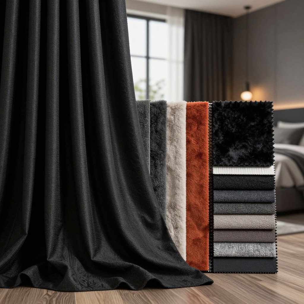 A beautifully arranged display of various blackout curtain types featuring foam and acrylic coatings, showcasing rich textures and deep colors. In the foreground, highlight elegant curtains draped gracefully, revealing intricate patterns and coatings that enhance light-blocking qualities. The middle section includes a close-up view of fabric samples showcasing different foam coatings with soft textures and vibrant hues, contrasting with each other. In the background, a softly lit modern bedroom setting with a west-facing window allows for an ambient glow, casting gentle shadows to emphasize the curtains' thickness and effectiveness. The overall mood is calm and serene, inviting a sense of tranquility and privacy, creating a cozy atmosphere perfect for restful sleep.