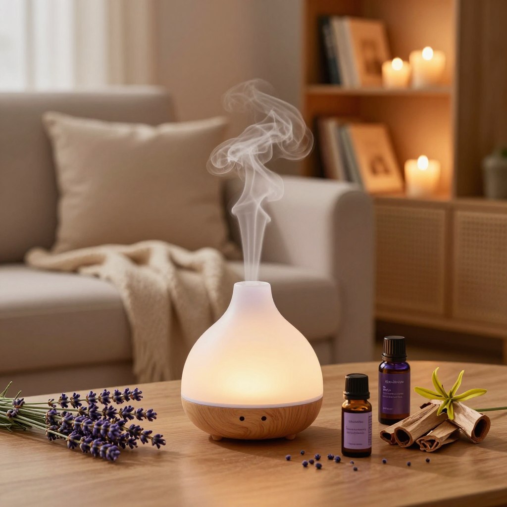A beautifully arranged essential oil diffuser set featuring calming lavender, cedarwood, and ylang ylang ingredients. In the foreground, a sleek, modern diffuser with soft, gentle steam rising, surrounded by delicate sprigs of fresh lavender and cedarwood pieces, radiating a tranquil essence. In the middle, a cozy living room atmosphere with warm ambient lighting, plush cushions, and a soft throw blanket draped over a comfortable sofa. The background showcases a softly lit bookshelf filled with books and candles, enhancing the serene vibe. The overall mood is inviting and relaxing, perfect for a "Cozy Night In." The lighting is soft and diffused; the angle is slightly above eye level, focusing on the diffuser and blending into the warm room decor.